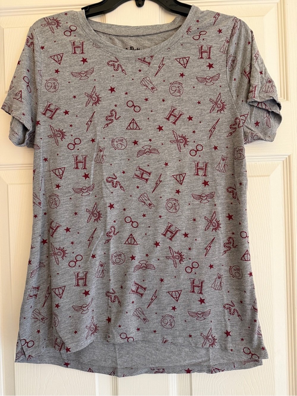 Harry Potter Grey Short Sleeve Tee with Burgundy Magical Icons